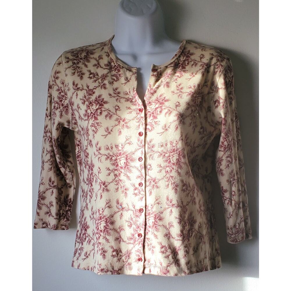 Vintage J.Crew Womens Cream Burgundy Floral Cardigan Sweater Size Small Y2K 90s